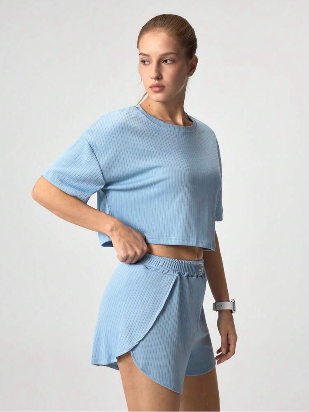 Light Blue Ribbed Lounge Crop Top & Shorts Set